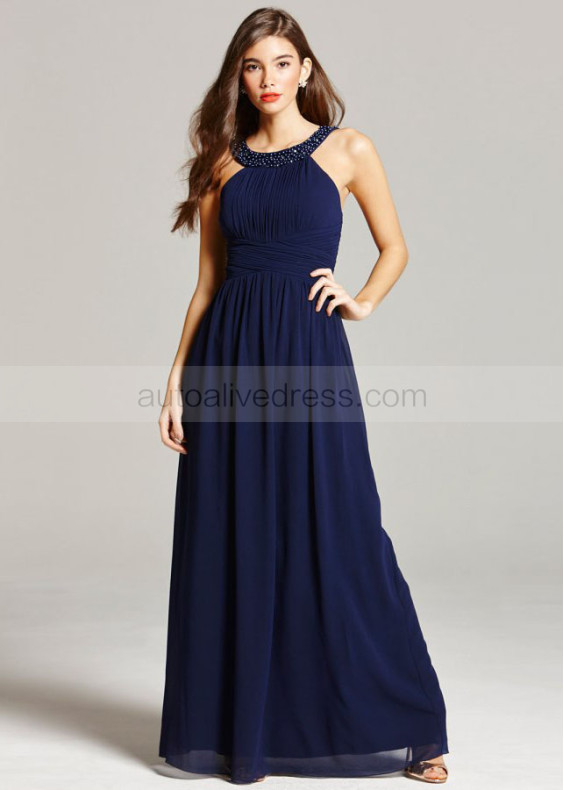 Navy Blue Chiffon Beads Halter Long Prom Dress